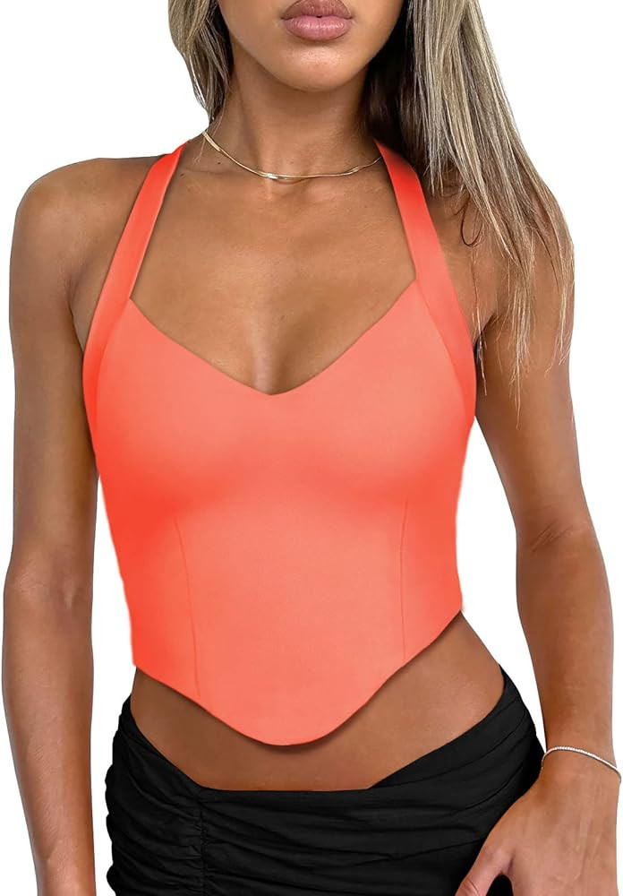 REORIA Women's Summer Sexy Halter V Neck Sleeveless Backless Y2K Going Out Crop Tank Tops | Amazon (US)