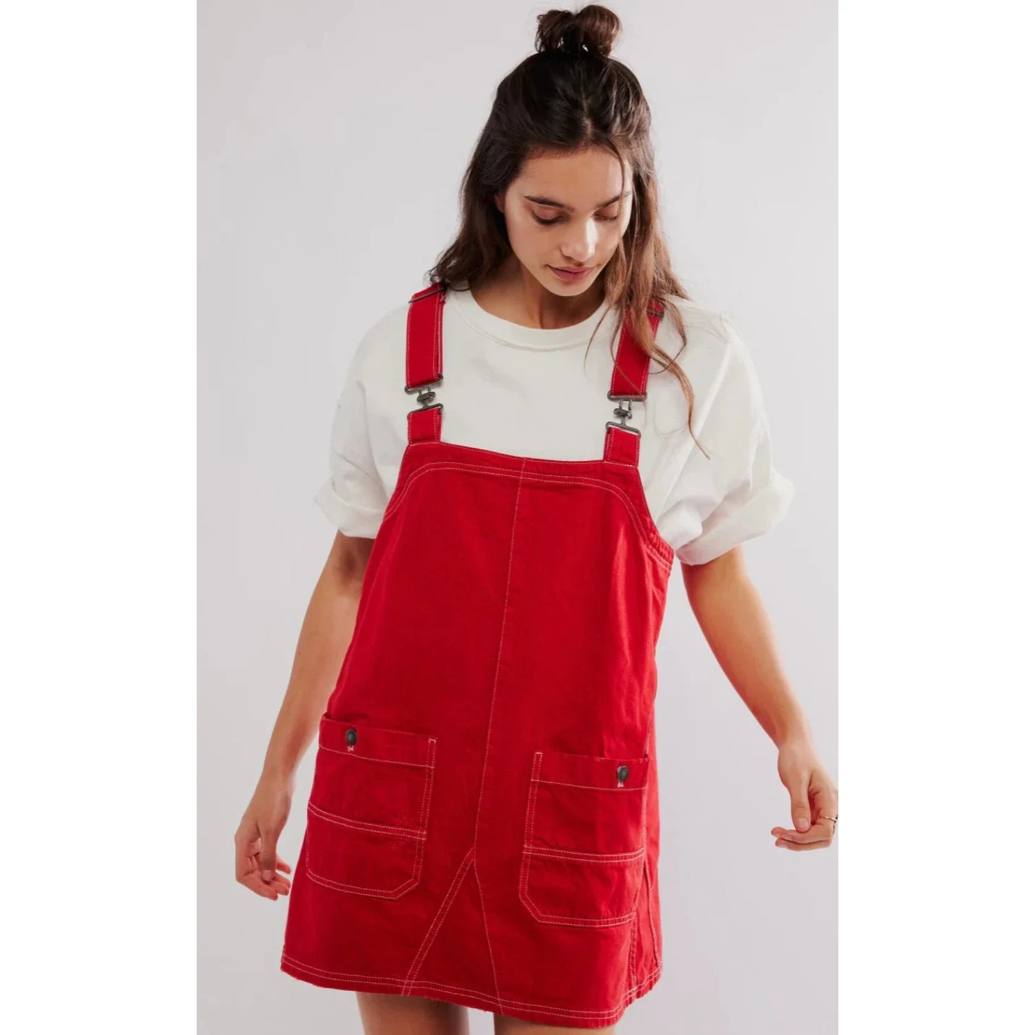 Free People Overall Smock Mini Dress Red Denim Adjustable Strap DDR2267 | Shop Simon
