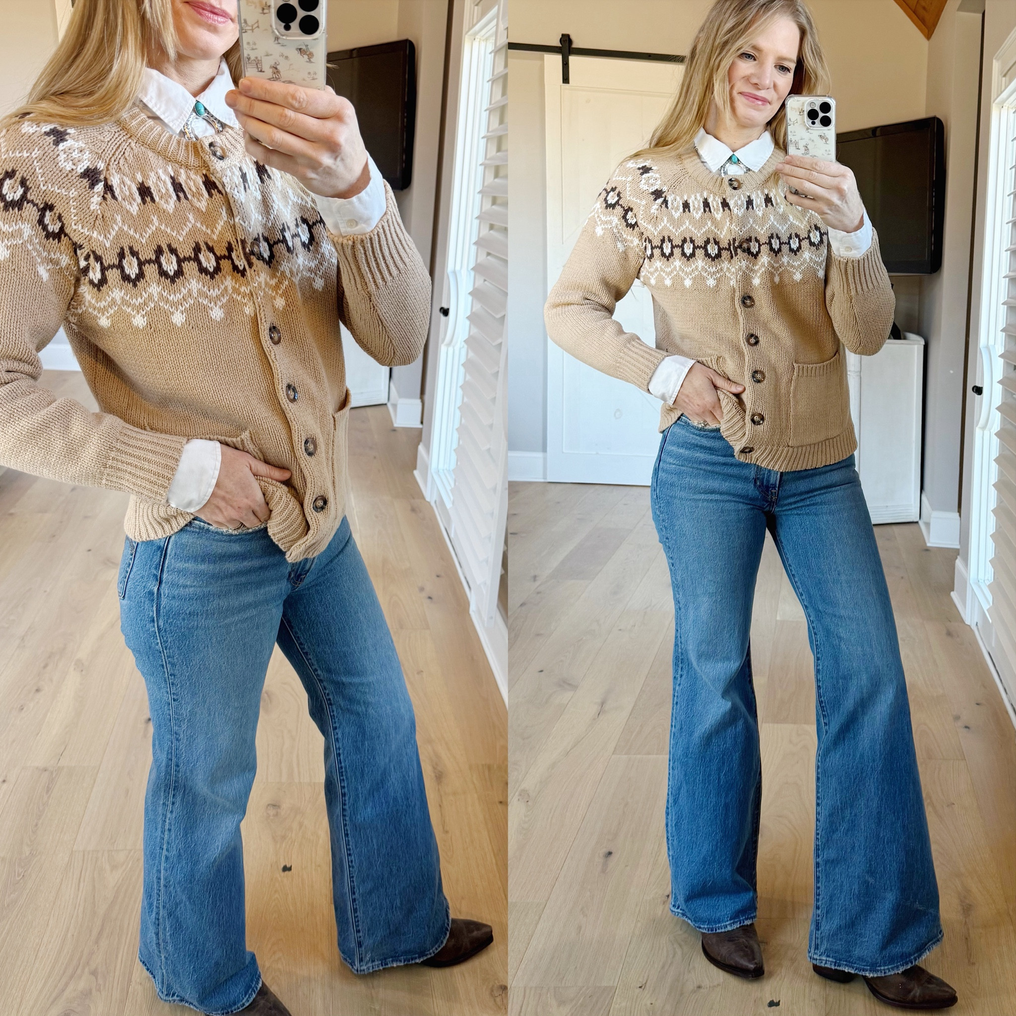 Western flare jeans outfit

Size reference 5’ 9” 140 lbs

Brown blazer - size 6 tall
(Last year banana republic)

Fair isle cardigan sweater - small

White button up - medium tall

High rise flare jeans - 27 x 34

Cowboy boots - sized up 1/2 size


🔍western boots outfits. Cowboy boots outfits. Western style. Western  outfits. Blazer and jeans outfits. Ribcage flare jeans. Ribcage bell outfits. Flare jeans outfits. 

#LTKFindsUnder100 #LTKFindsUnder50 #LTKSaleAlert