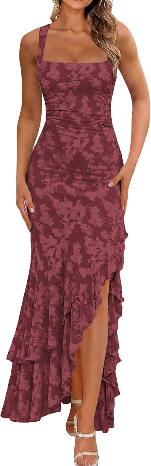 BORIFLORS Women's Elegant Ruched Floral Maxi Wedding Guest Dress | Amazon (US)