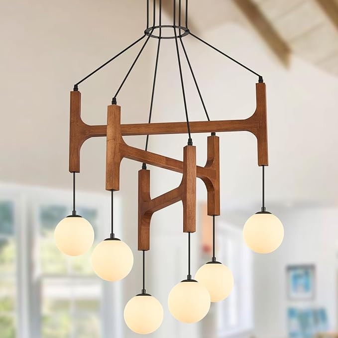 Farmhouse L28 '' Wooden Chandeliers with Milk Glass Globes Lampshades, Rustic Unique Mid Century ... | Amazon (US)