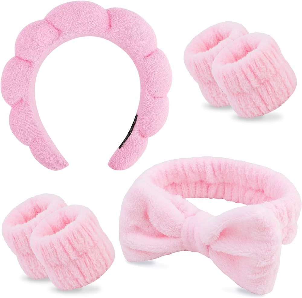 Spa Headband and Wristband Set Skincare Headband Pink Puffy Makeup Headband Face Wash Headband Sp... | Amazon (US)