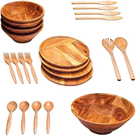Wooden Plates and Bowls Set Service for 4 (23pcs) - Wooden Salad Bowl Set and Round Acacia Serving P | Amazon (US)