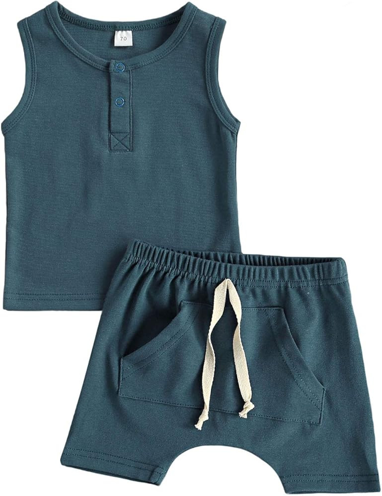 Bmnmsl Baby Boys Shorts Set Button Tank Top and Elastic Waist Short Pants Outfit Solid Color Cott... | Amazon (US)