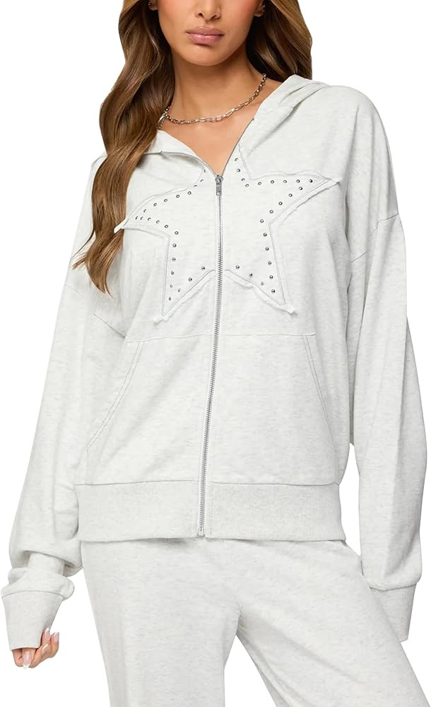 Lauweion Oversized Zip Up Hoodies Y2K for Womens Star Patch Hooded Sweatshirt Spring Streetwear C... | Amazon (US)