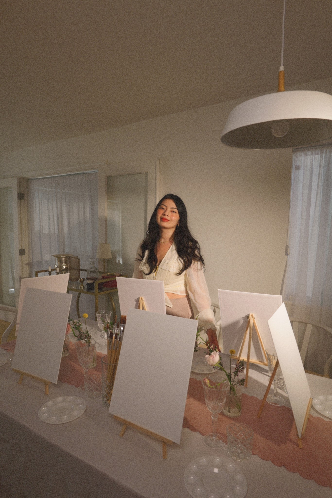 A beautiful pink paint n sip dinner party! Everything to host it + tablescape details