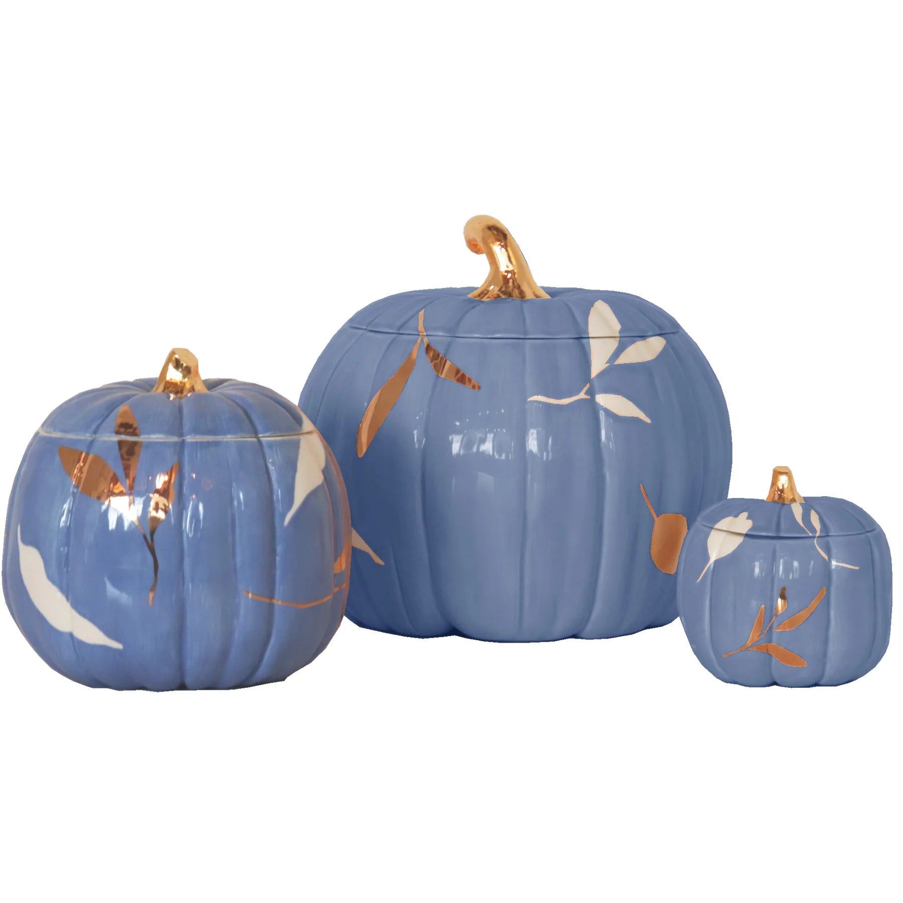 Layered Leaves Pumpkin Jars with 22K Gold Accents in French Blue | Ruby Clay Company