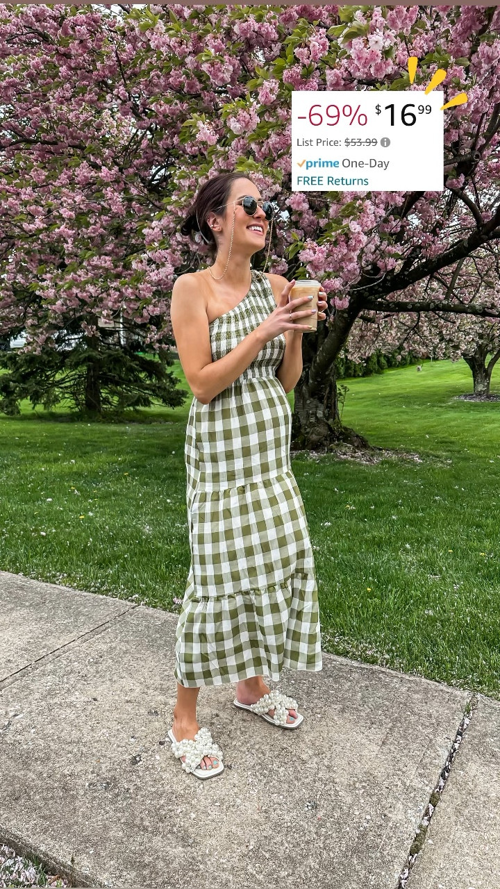 Smocked one shoulder gingham midi dress ON SUPER SALE for under $17! ⚡️🙌🏼 Bump friendly dress option, great spring baby shower dress or bridal shower dress ! // Pearl Steve Madden sandals // gold sunglass chain // Ray ban sunglasses 😎 

#LTKshoecrush #LTKbump #LTKsalealert