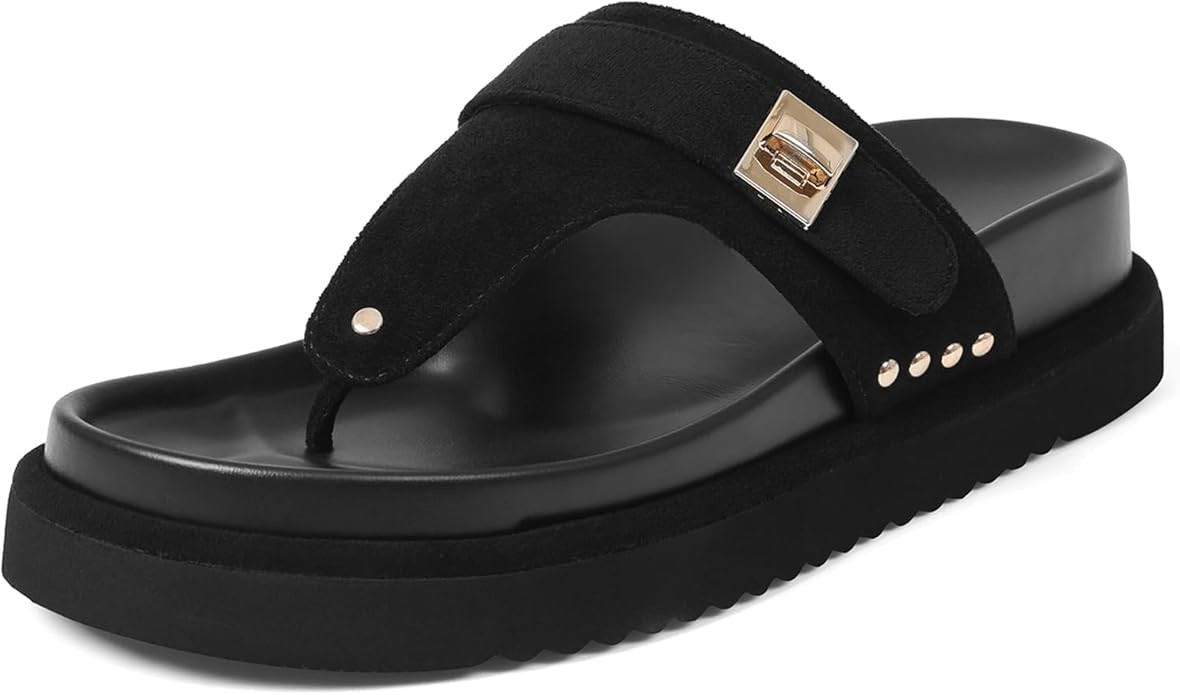 VOMIRA Black Flip Flops for Women Suede Buckle Studded Clip Toe Arch Support Slip On Platform Wed... | Amazon (US)