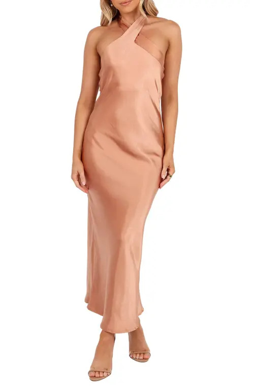 Petal & Pup Grasie Stretch Satin Halter Dress in Bronze at Nordstrom, Size 4 | Nordstrom