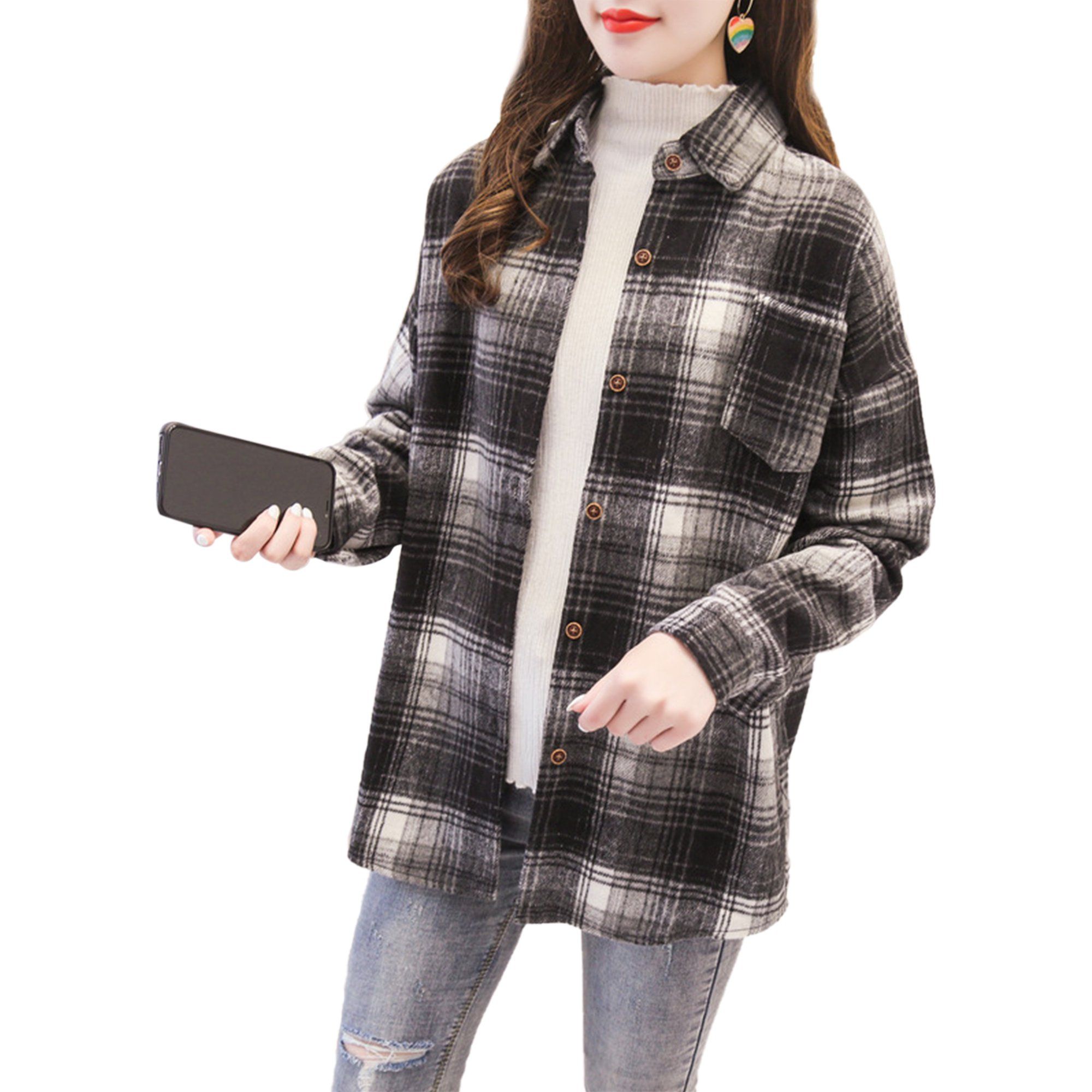 Women Casual Plaid Flannel Shirt Ladies Fashion Long-Sleeve Button Down Thick Shirt Coats | Walmart (US)