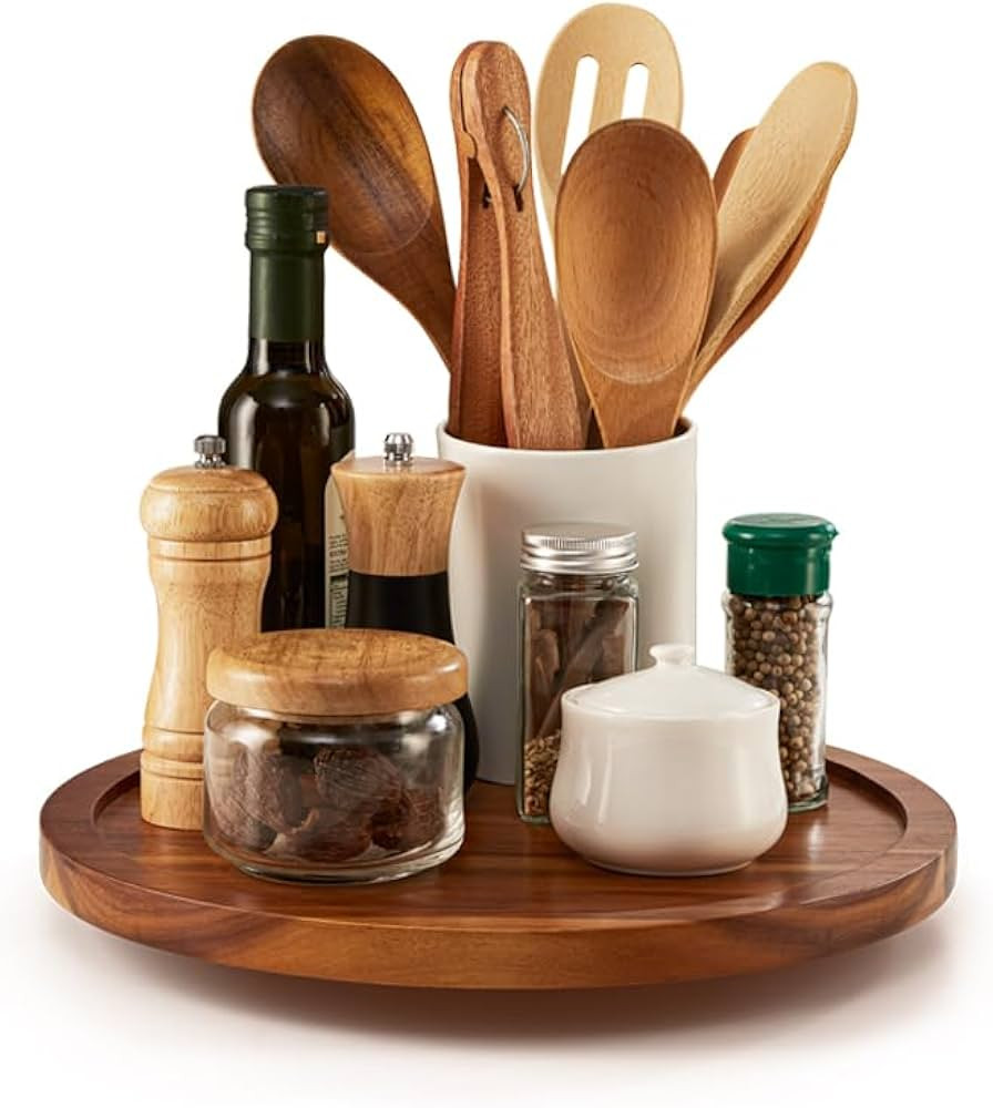 10" Acacia Lazy Susan Organizer for Cabinet - Wooden Lazy Susan Turntable for Table - Wood Kitche... | Amazon (US)