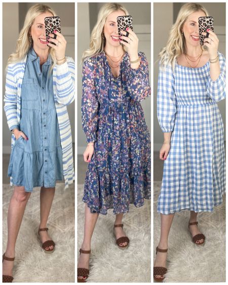 Daily try on, Walmart outfit, Walmart fashion, Walmart dress,
Blue dresses, chambray dress, time and tru, striped cardigan, time and tru wedge, floral midi dress, smocked dress, gingham dress 

#LTKstyletip #LTKFind #LTKunder50