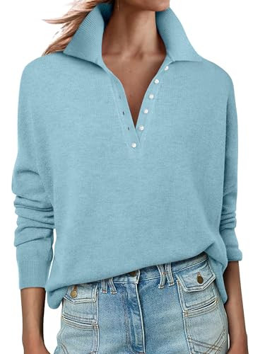 ANRABESS Womens Long Sleeve Polo Sweaters Knit Button Shirt Lightweight Dressy Casual Basic Pullover Tops 2025 Fall Fashion Light Blue Small | Amazon (US)