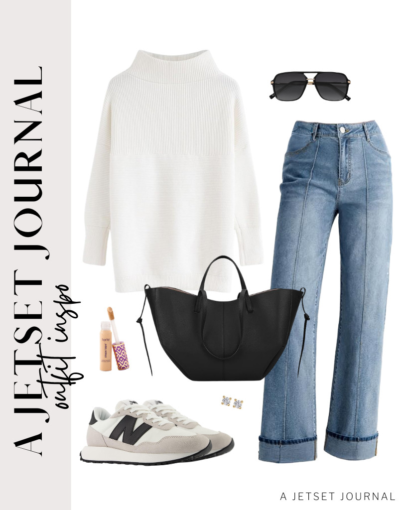 For a fresh, stylish look on travel days or while shopping, consider pairing a white turtleneck pullover with denim pants. To complement the outfit, a matching faux leather tote bag is a great choice, along with cozy New Balance sneakers. Complete the look with a pair of retro-style aviator sunglasses from SOJOS. 

 #LTKSeasonal #LTKSaleAlert #LTKTravel