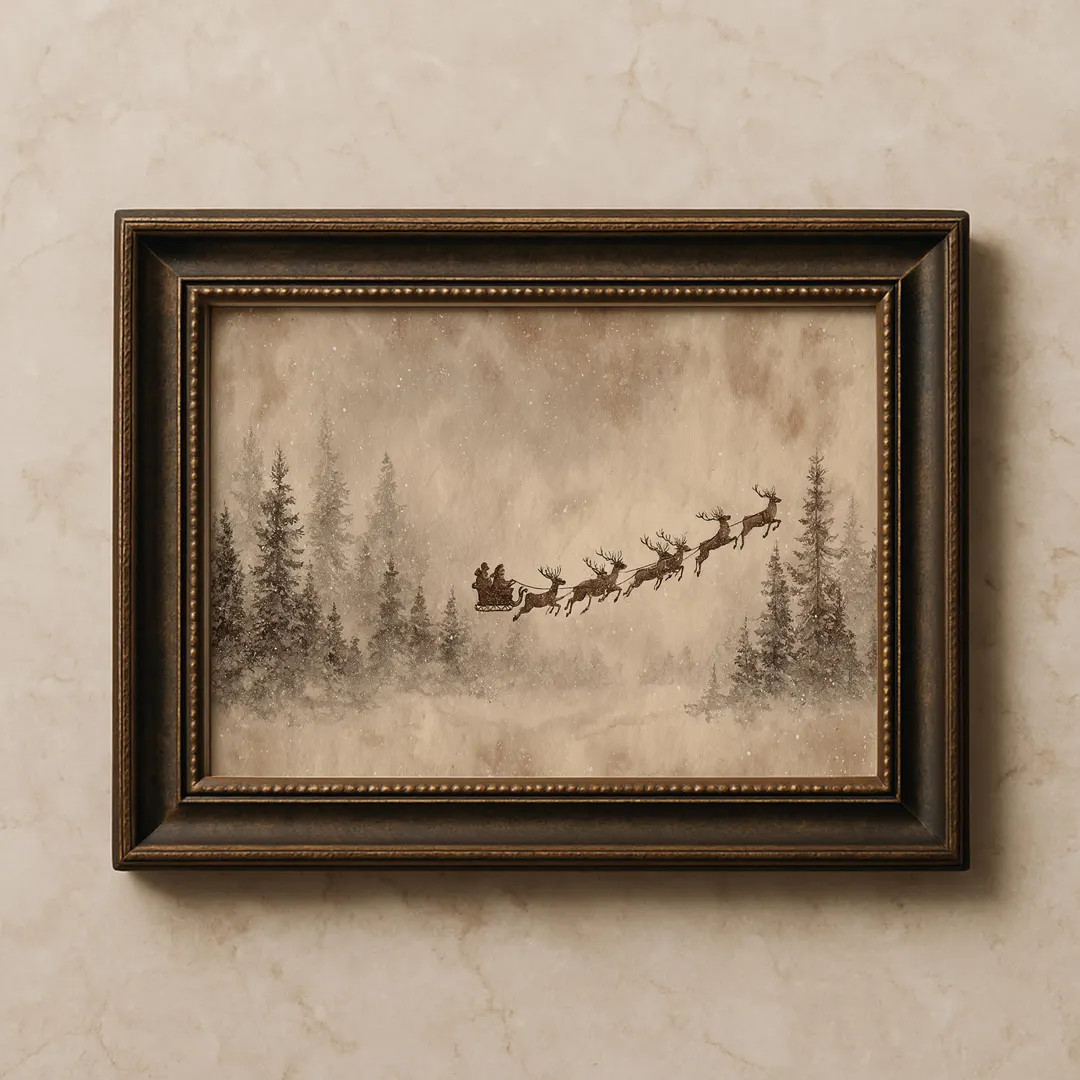 Vintage Santa Sleigh Print, Flying Reindeer Wall Art, Rustic Winter Forest Painting, Neutral Farm... | Etsy (US)