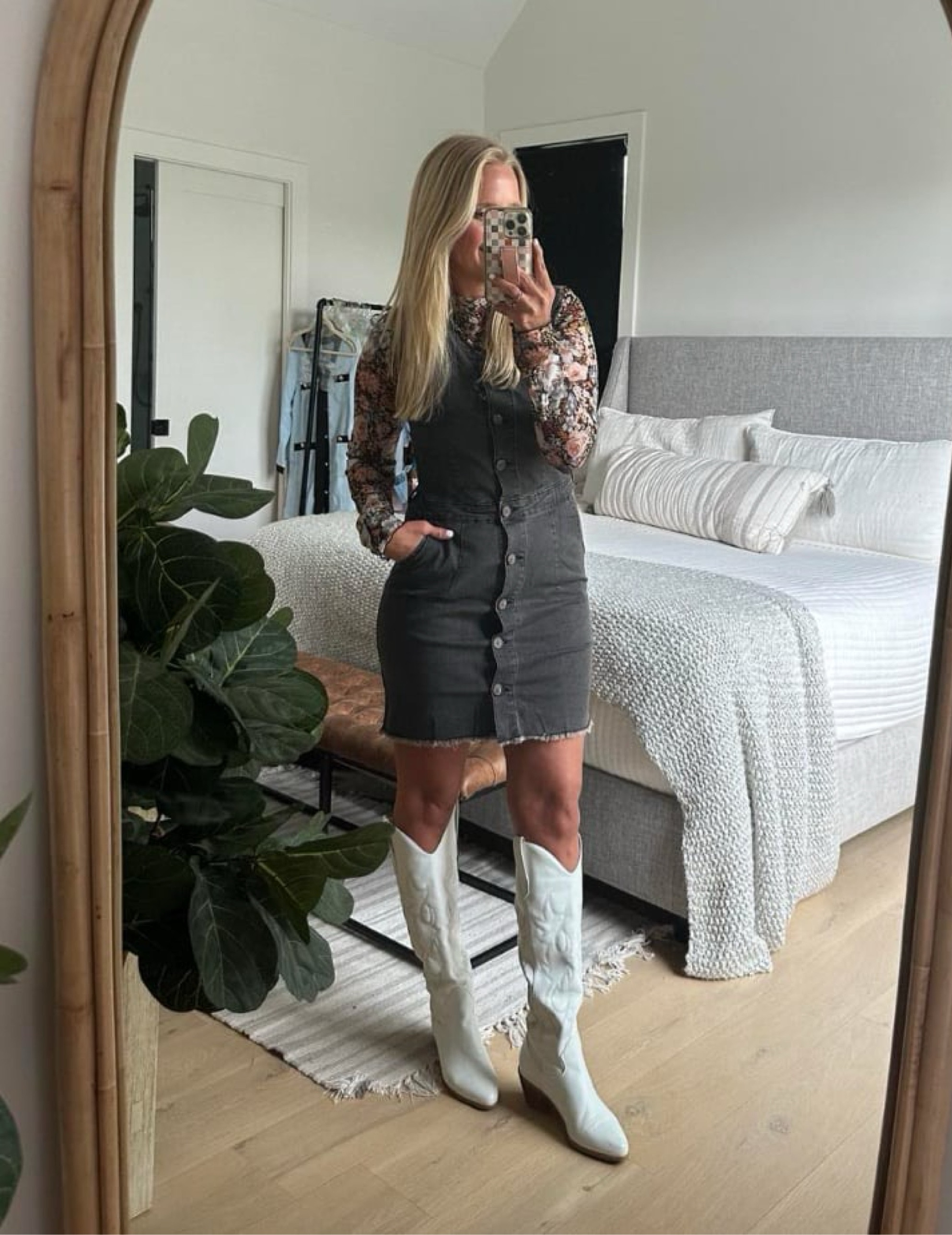 Wearing a small in this dark gray denim dress. Buttons are functional. I'm wearing a sheer top under it. I've owned these cowgirl boots for years. They are very comfortable and still look new.

#LTKFindsUnder50 #LTKFestival #LTKShoeCrush