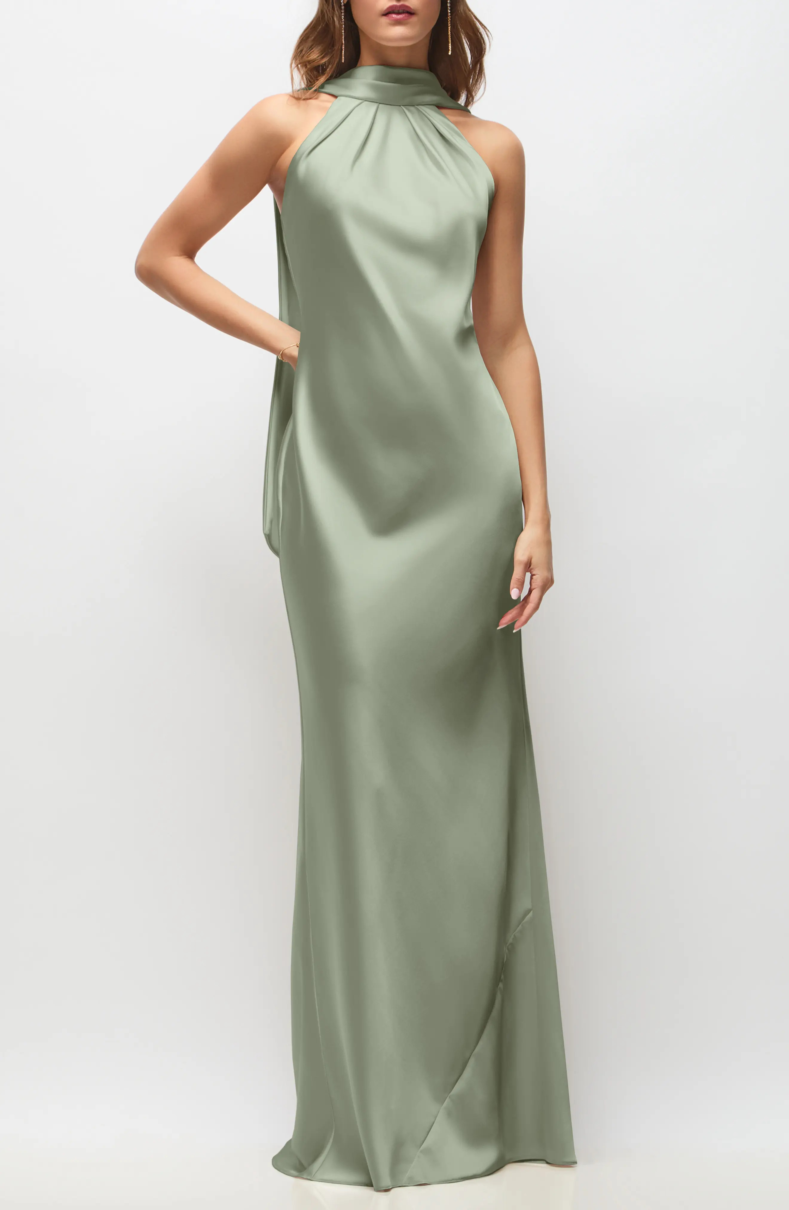 After Six Anais Scarf Neck Satin Charmeuse Gown in Sage at Nordstrom, Size Medium | Nordstrom