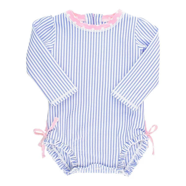 Girls' RuffleButts Long Sleeve Rash Guard One Piece Swimsuit Baby 3/6 mo. Periwinkle Seersucker | Scheels