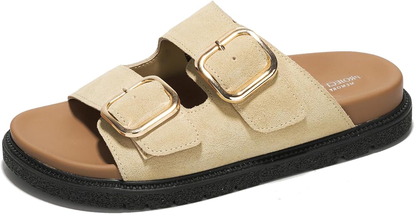 100% Genuine Leather Slides for Women Platform Sandals Women Comfortable Summer Sandals Memory fo... | Amazon (US)