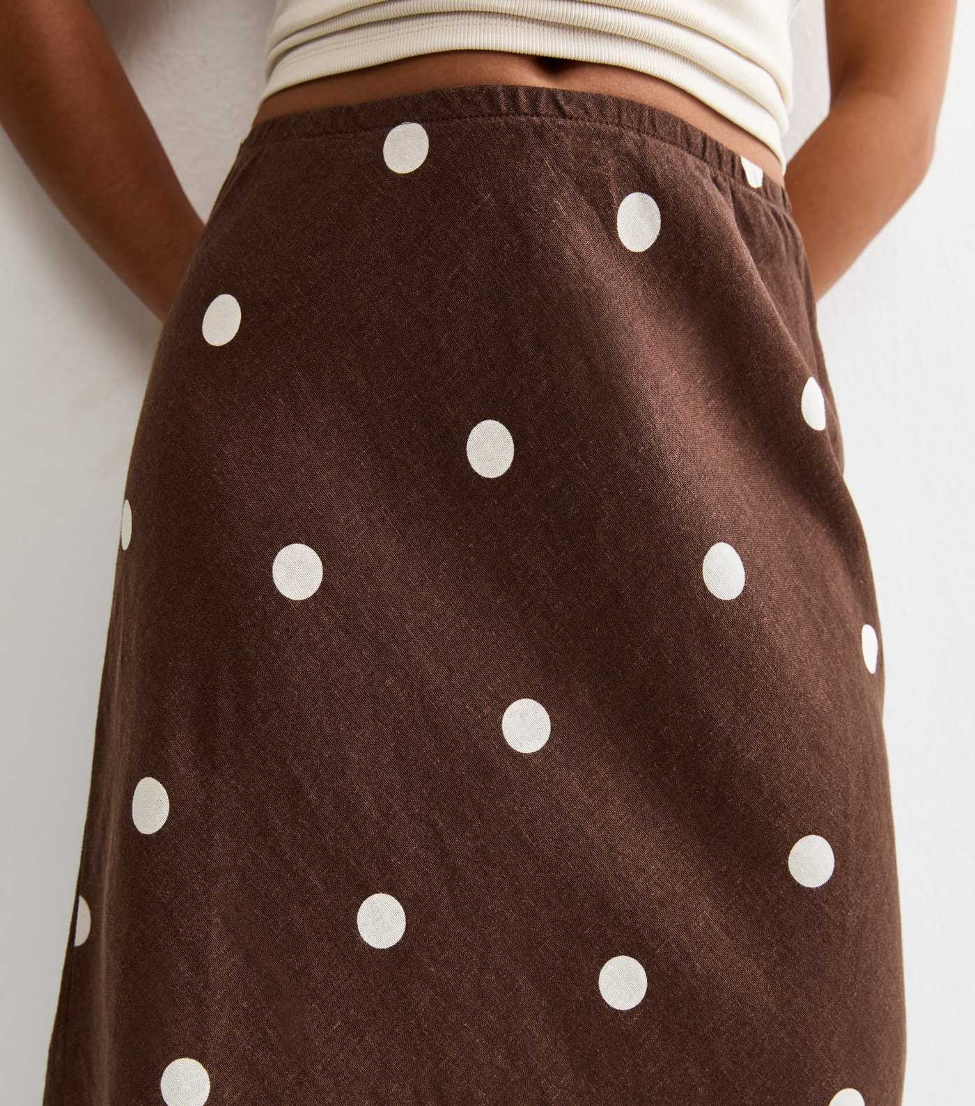 Petite Brown Linen Blend Polka Dot Bias Cut Midi Skirt | New Look | New Look (UK)