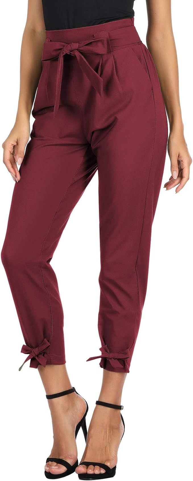 GRACE KARIN Women's Cropped Paper Bag Waist Pants with Pockets Wine at Amazon Women’s Clothing ... | Amazon (US)