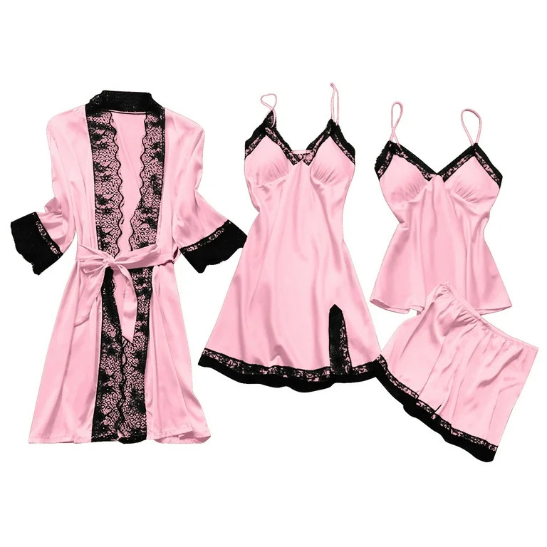 Womens 4pcs Pajamas Set, Soft Silk Satin Sleepwear Lace Trim Nightdress Pj Set with Robe, Comfy H... | Walmart (US)