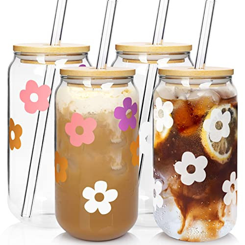 Mason Life Glass Cups with Lids and Straws, 18OZ Iced Coffee Cups with Lids, Cute Glass Cups Smoothie Cups, Glass Tumbler, Reusable Coffee Cup Beer Can Shaped Drinking Glasses-Set of 4 | Amazon (US)