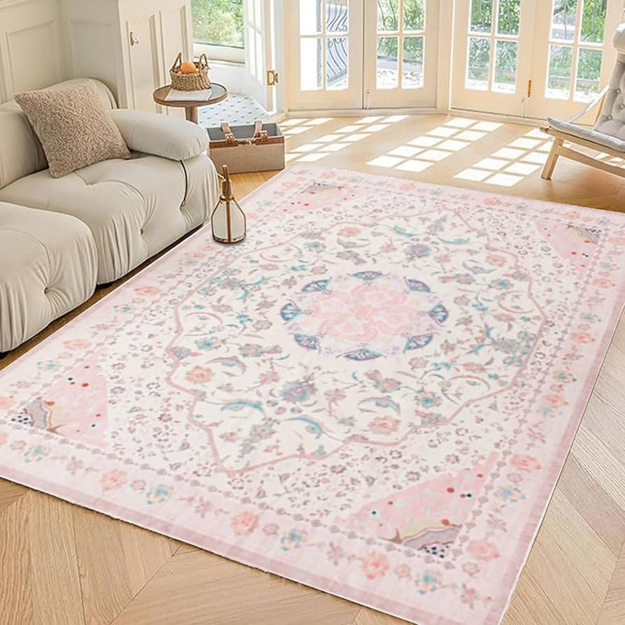 Area Rug - Vintage 3x5 Non-Slip Backing Area Rugs Light Pink Soft Faux Wool Carpet Foldable & Mac... | Amazon (US)