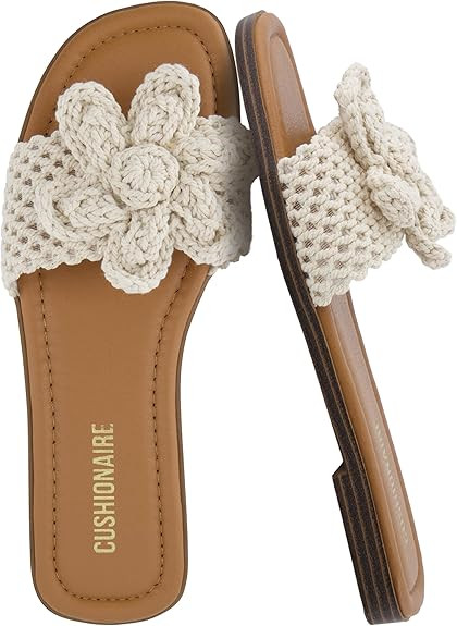 CUSHIONAIRE Gemma Knit Flat Slides for Women, Square Toe Sandals with Woven Flower Detail and Mem... | Amazon (US)