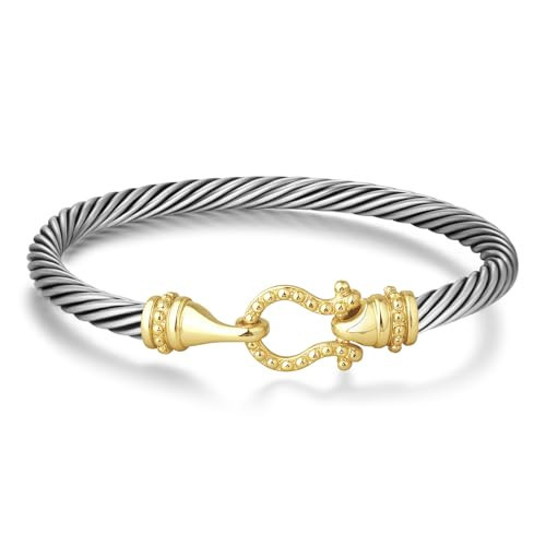 DOULLA Cable Bracelets for Women - Two Tone Twisted Wire Cuff Bangle with Buckle, Trendy Jewelry Gifts for Women | Amazon (US)