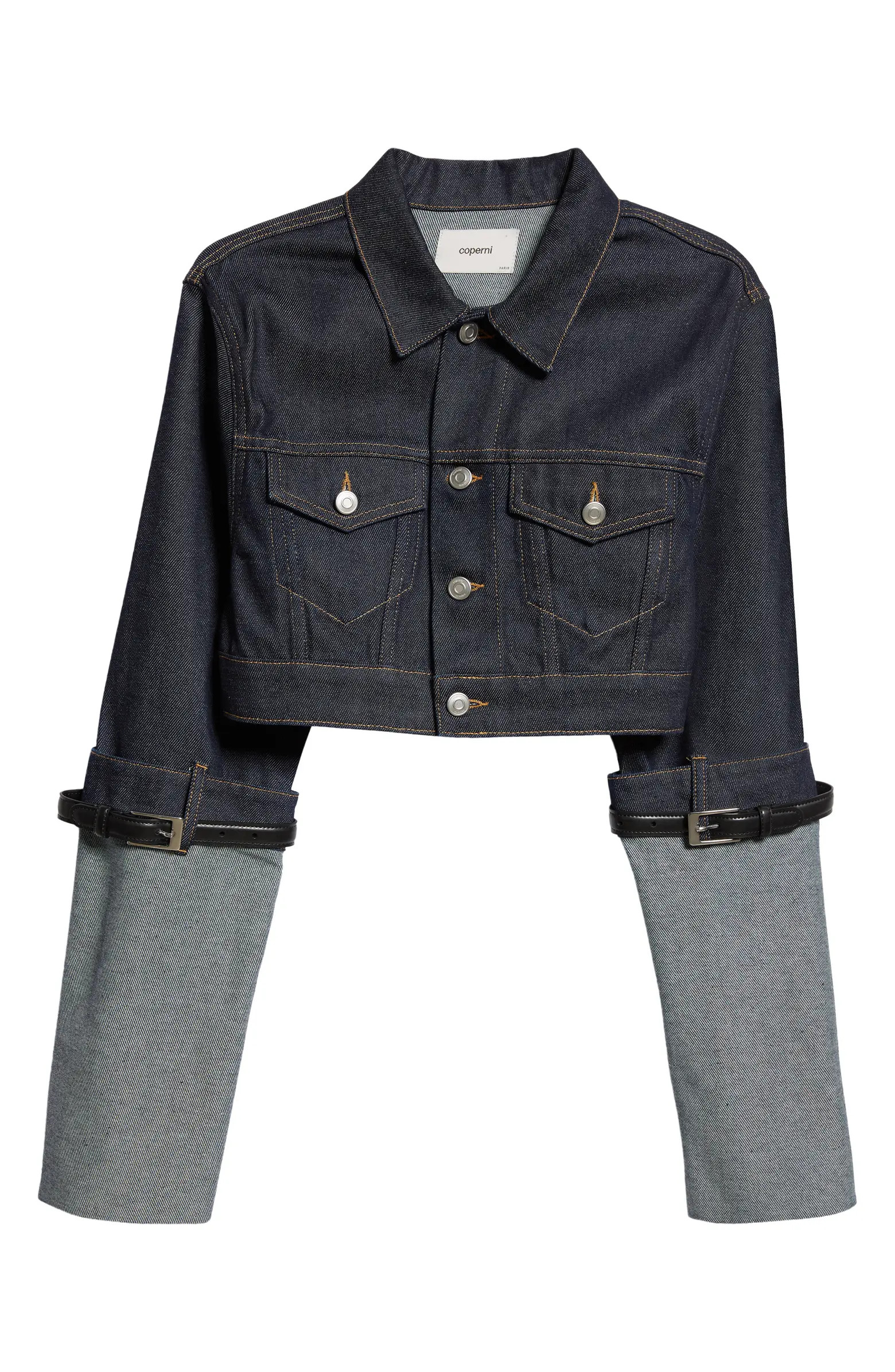Coperni Belted Sleeve Crop Denim Jacket | Nordstrom | Nordstrom