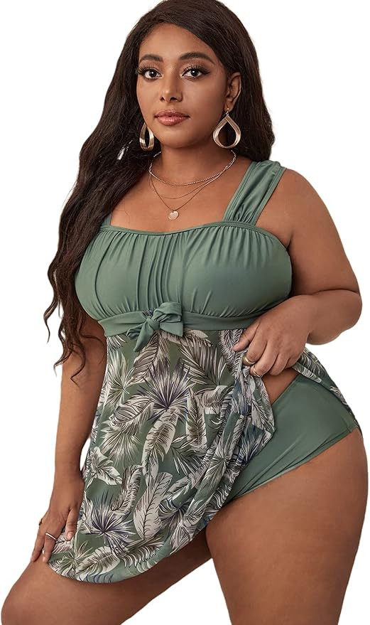 MakeMeChic Women's Plus Size Tankini Swimsuit Plant Print Two Piece Bathing Suit | Amazon (US)