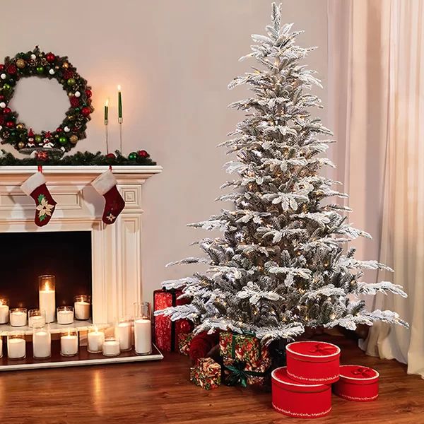 Pre-lit Aspen Flocked 7.5' White/Green Fir Trees Artificial Christmas Tree with 700 Warm White Li... | Wayfair North America