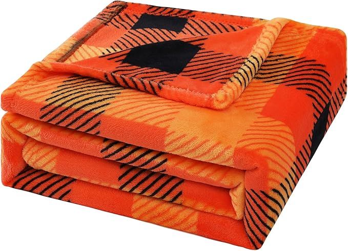 Bobor Buffalo Plaid Throw Blanket, Halloween Orange Black Checker Plaid Flannel Fleece Decorative... | Amazon (US)