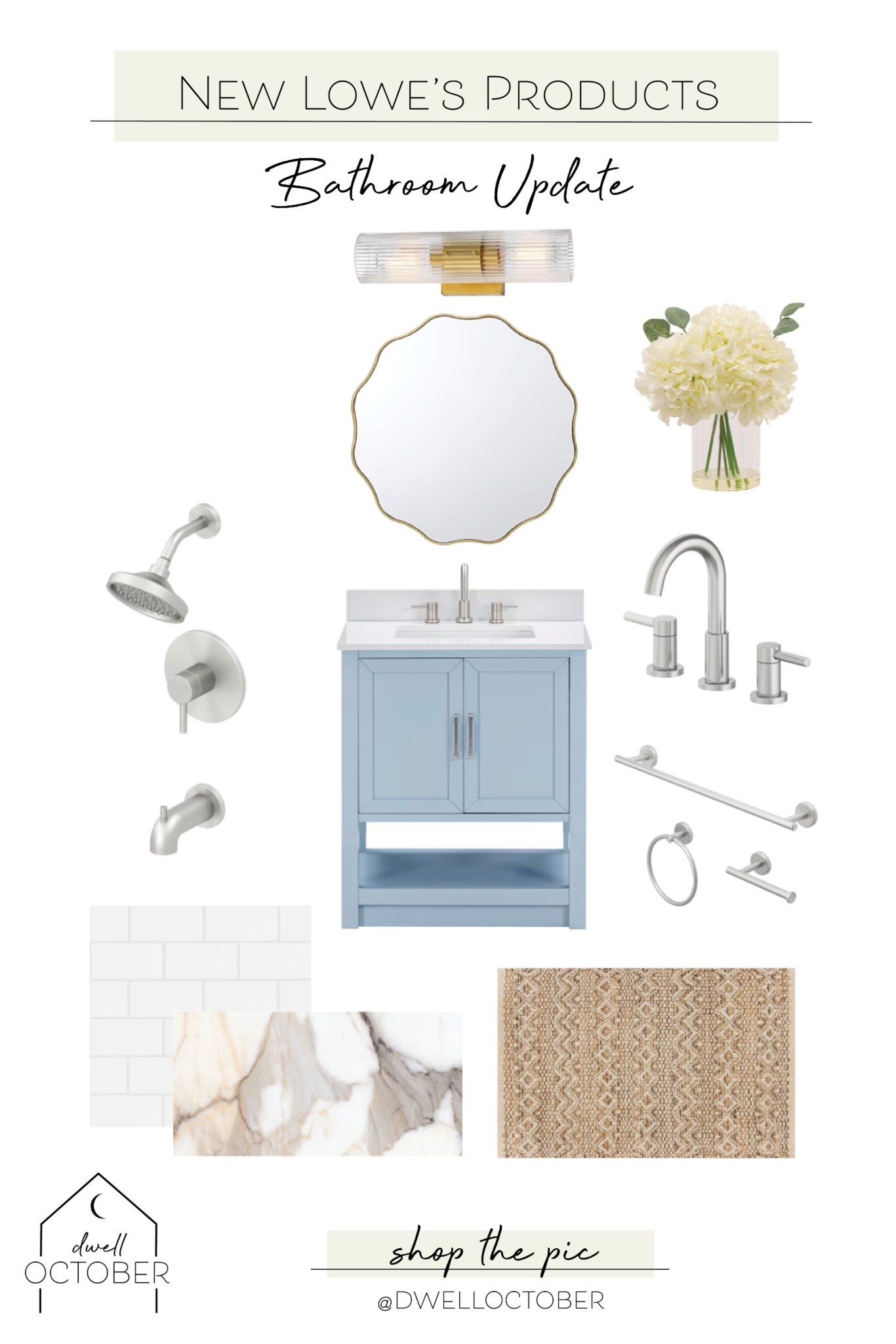 #AD here at #dwelloctoberstudio we're excited to team up with @loweshomeimprovement to create two beautiful bathroom designs featuring brand new products available at @loweshomeimprovement. this design includes the same tile selections as the first design, but features a classic light cornflower blue vanity with both a cabinet and open shelf. this modern vanity even includes a concealed electrical outlet for added convenience. since the vanity style is more traditional, we chose a modern gold mirror and fluted glass sconce. brushed nickel plumbing fixtures balance out the gold tones and coordinate with the vanity hardware. a chevron pattern jute accent rug adds texture and complements the wavy  lines of the mirror. we're planning to use these designs to renovate two bathrooms for a local apartment owner, so let us know which one is your favorite, then stay tuned to see how the renovations turn out! #LowesPartner #dwelloctober 

 

#LTKFindsUnder50 #LTKFindsUnder100 #LTKHome
