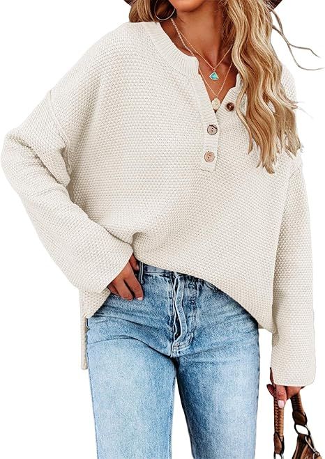 Saodimallsu Women's Oversized Sweaters Batwing Long Sleeve Loose V Neck Button Henley Tops Pullov... | Amazon (US)