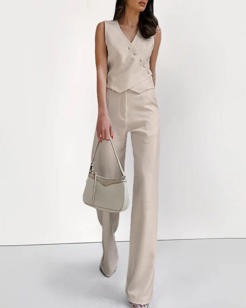 Cotton Linen Vest Wide-leg Pants Two-piece Set Summer Slanted Buckle Design Suit | Zeagoo