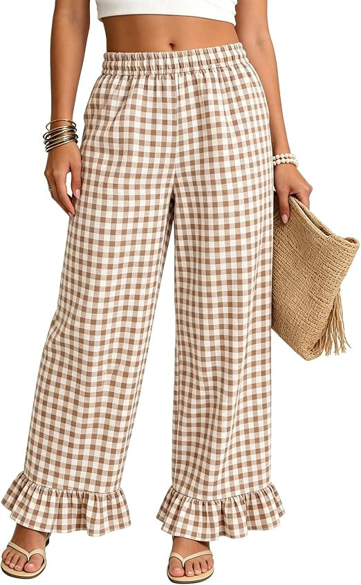 Flygo Women's Gingham Pants Y2K Cotton Wide Leg Ruffle Hem Lounge Pants Plaid Elastic Waisted Tro... | Amazon (US)