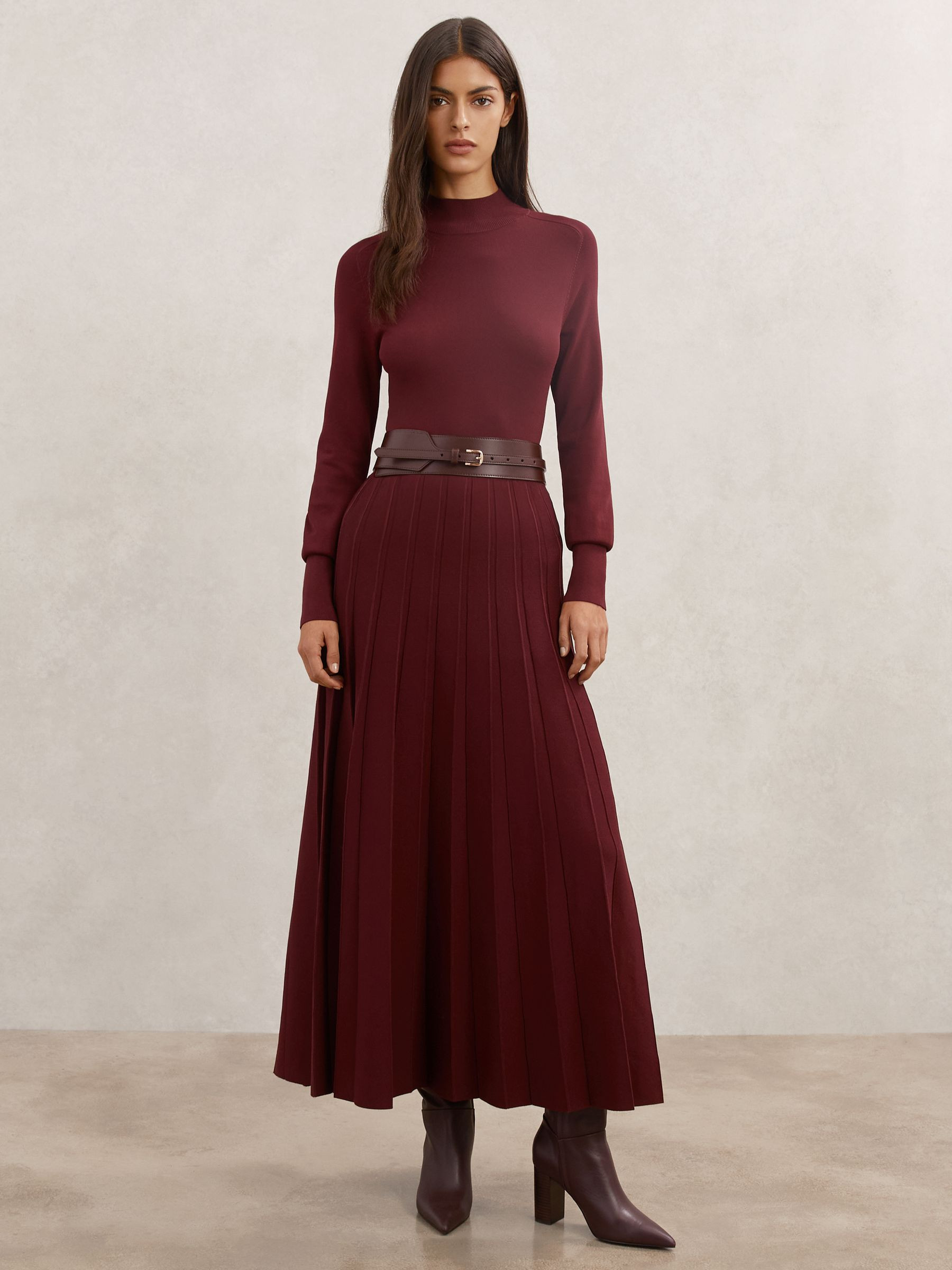 Reiss Petite Belted Knit Pleated Midi Dress in Raspberry Red - REISS | Reiss UK