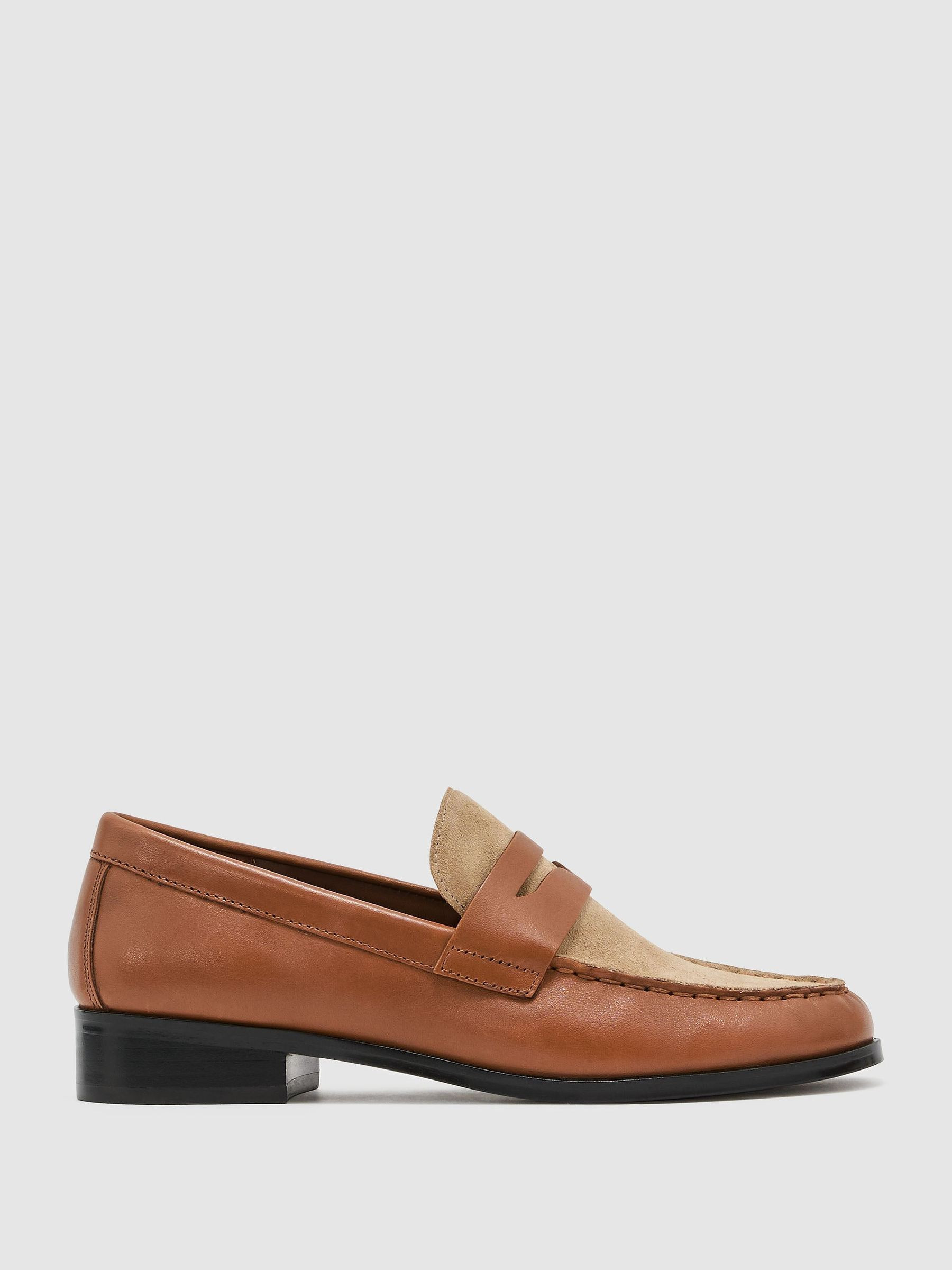 Reiss Leather and Suede Penny Loafers in Tan - REISS | Reiss UK
