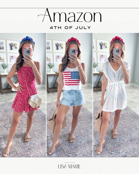 Amazon Fourth of July outfits. 4th of July. Amazon romper in small with adjustable tie straps. Amazon American flag tank top in XS. Abercrombie curve, love denim shorts in 24. Amazon swimsuit coverup. You  Shoes are TTS. 4th of July headbands. Summer outfits. Vacation outfits. Summer dress. Summer romper. 


#LTKSwim #LTKTravel #LTKFindsUnder50