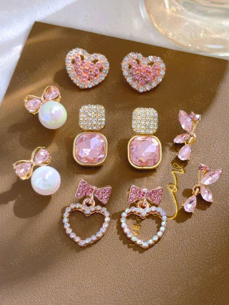 5 Pairs Elegant Pink Heart, Geometric Bow, Teardrop & Butterfly Design Fashion Women's Earrings Set, Suitable For Dates & Vacations Valentines | SHEIN