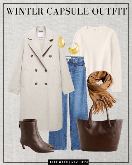 Smart casual winter outfit 🤍

Cream coat  / oversized coat / cream sweater / blue jeans / wide leg jeans / camel scarf / chocolate brown booties / kitten heels / leather tote / suede tote / gold jewelry

#LTKSeasonal #LTKstyletip