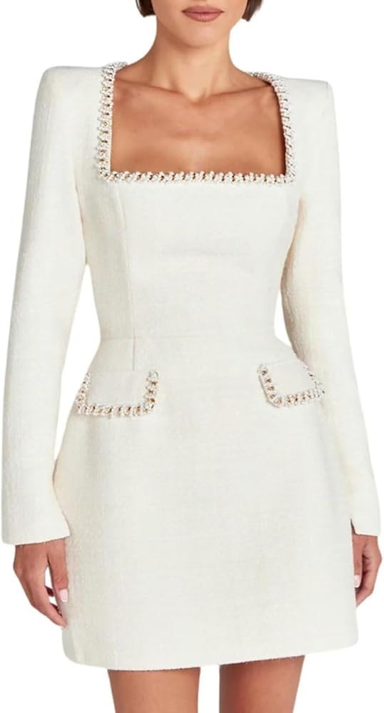 Women's Tweed Mini Dress Elegant Beaded Square Neck Long Sleeve High Waist A-Line Party Club Body... | Amazon (US)