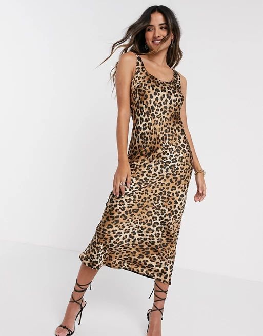 ASOS DESIGN scoop neck midi satin slip dress in leopard print | ASOS (Global)