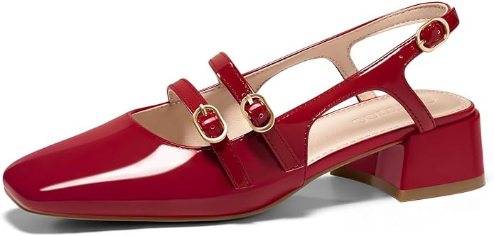 Coutgo Womens Mary Jane Chunky Low Heels Slingback Pumps Closed Square Toe Wedding Dress Shoes | Amazon (US)