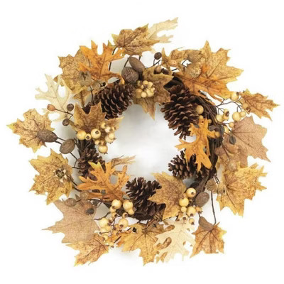 Melrose 24" Unlit Brown/Orange Autumn Leaf, Pine Cone, Nut and Berry Artificial Harvest Wreath | Target