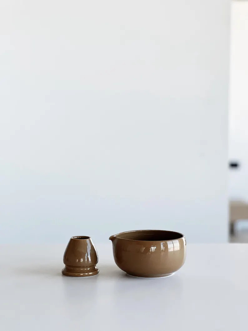 Glossy Brown Ceramic Matcha Bowl Set With Spout Bamboo Whisk and Chasen Holder Minimal Ceramic Ma... | Etsy (US)