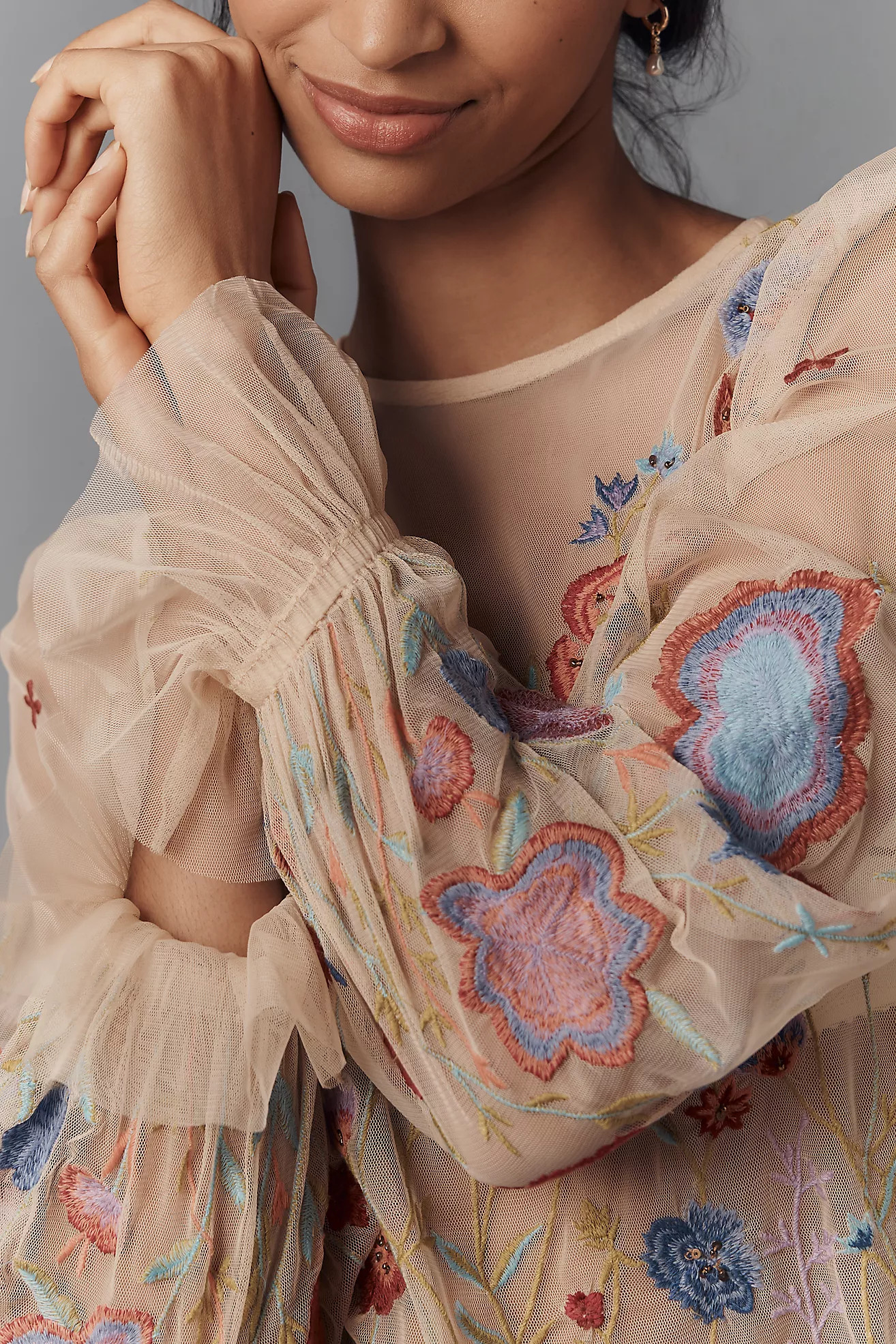 The Layla Long-Sleeve Appliqué Mesh Blouse | Anthropologie (US)